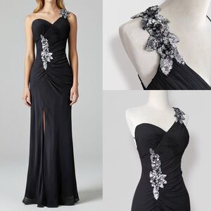Black Embellished Gown A-Line Maxi Dress 6 Sequin One Shoulder Prom Bridesmaid